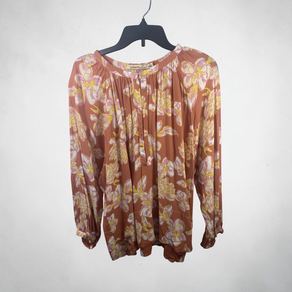 Liberty Love Floral Blouse Terracotta Pink Yellow Long Sleeve Pleated Top Small